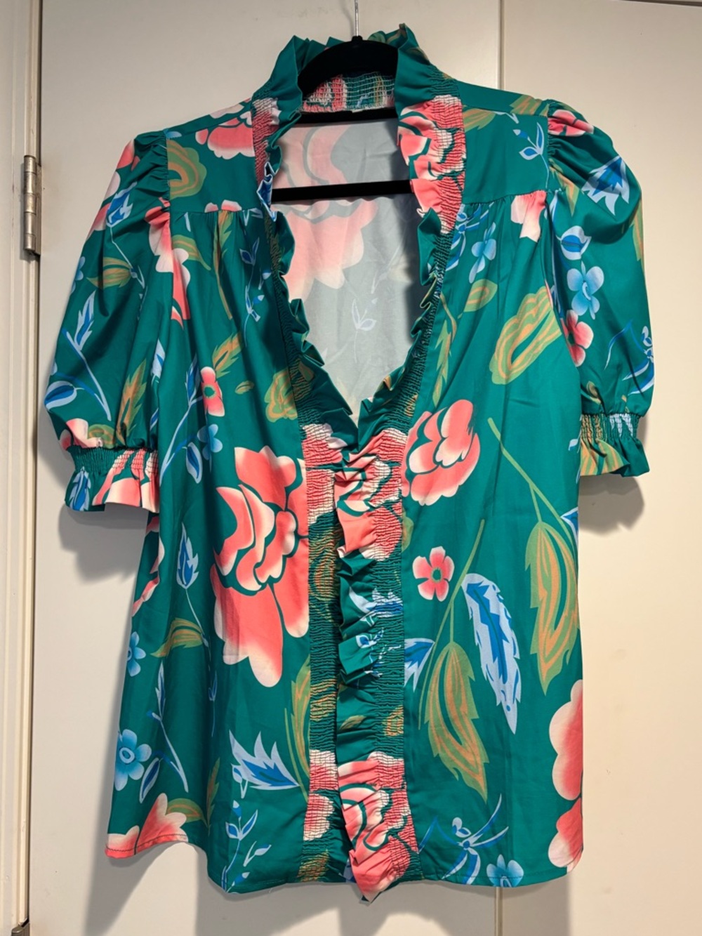Floral Ruffle V-Neck Blouse - Green & Pink